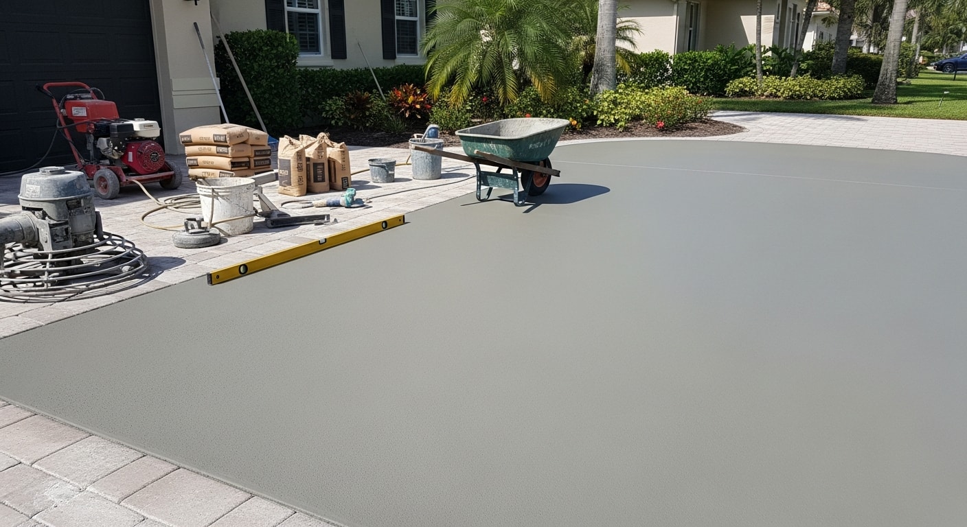 Concrete leveling work being performed on residential driveway