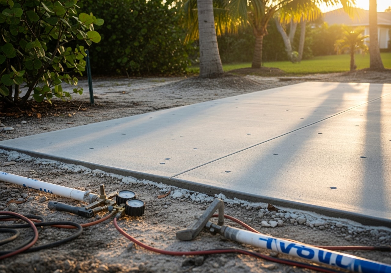 Leveled concrete patio slab in West Palm Beach showing corrected settlement areas
