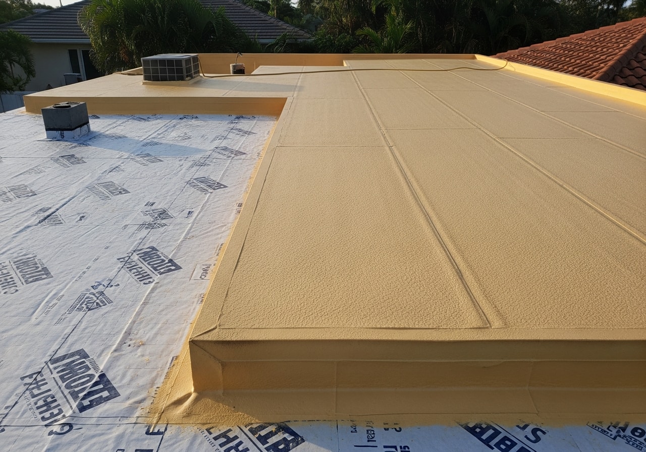 Closed-cell spray foam insulation applied to flat roof deck addition in Palm Beach Gardens