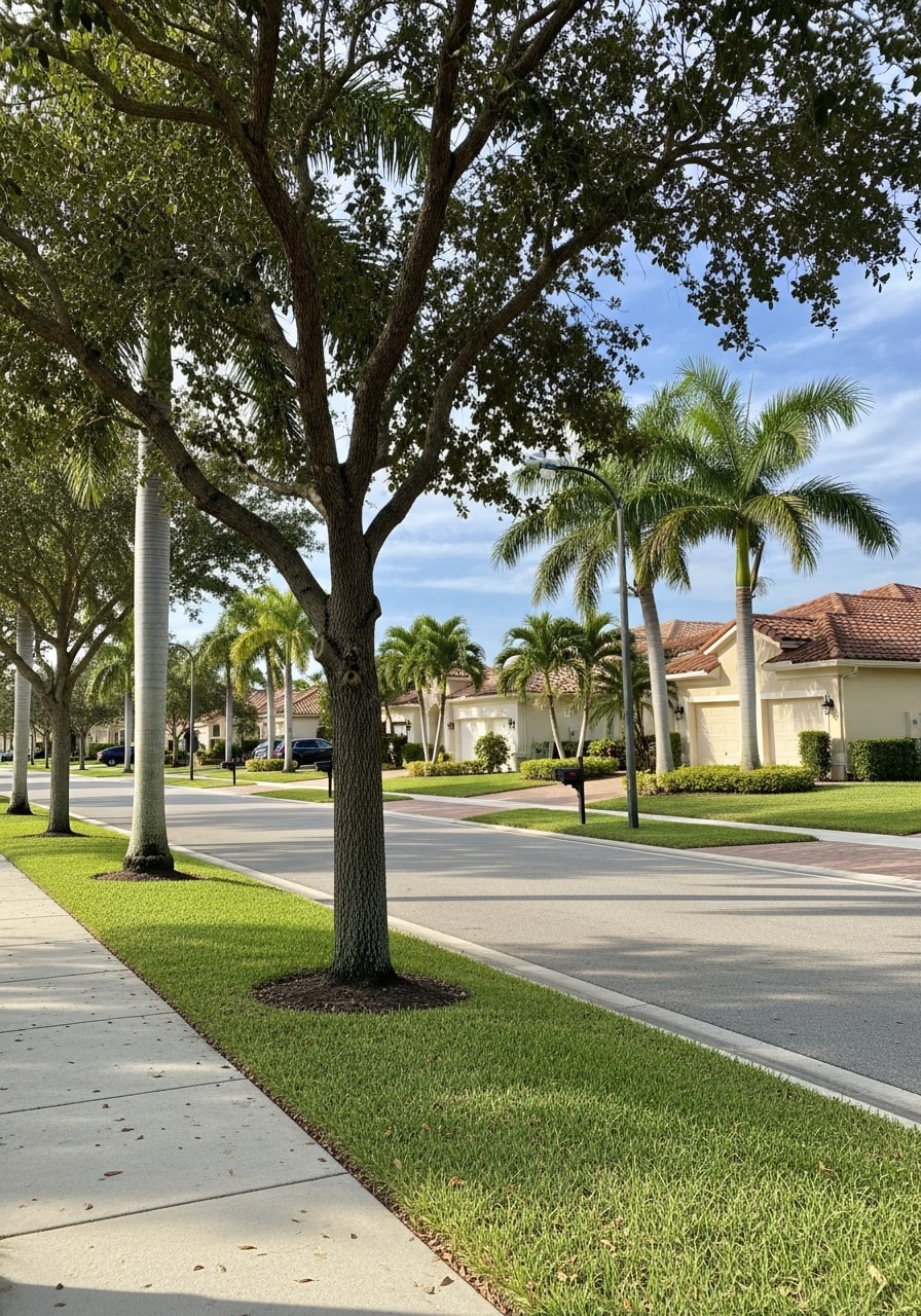Wellington residential street lined with palm trees and established homes, showing the community's planned neighborhood character.