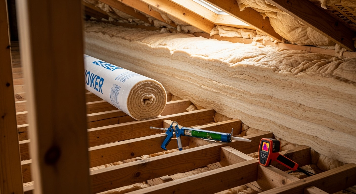 A Wellington, FL attic after an insulation upgrade, showing freshly installed insulation covering the attic floor evenly between joists. The image shows a clean, well-covered attic space inside a single-family home in Palm Beach County.